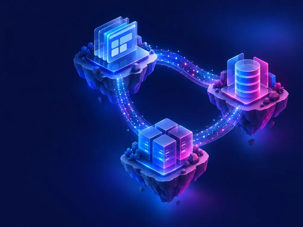 Illustration: Drei schwebende Inseln mit Anwendung, Datenbank und Server sind durch leuchtende Datenströme miteinander verbunden.