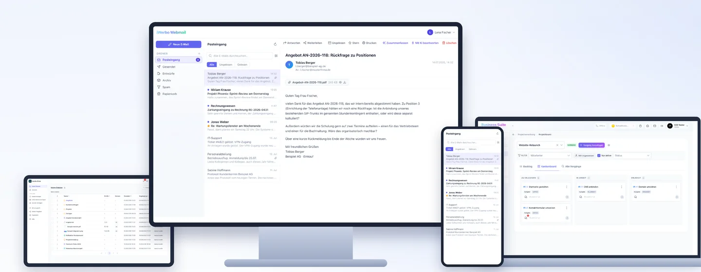Vier Geräte nebeneinander: auf dem Monitor der Posteingang von iWerbo Mail mit einer Rückfrage zu einem Angebot, auf dem Tablet die Dateiablage von iWerbo Drive, auf dem Telefon derselbe Posteingang, auf dem Laptop das Kanban-Board der Business Suite.