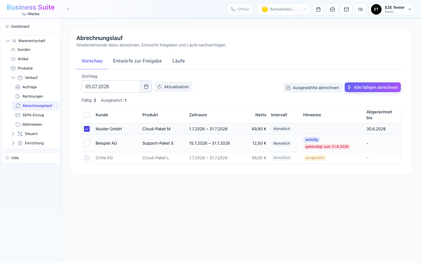Vorschau eines Abo-Abrechnungslaufs in der iWerbo Business Suite (Demo-Daten)