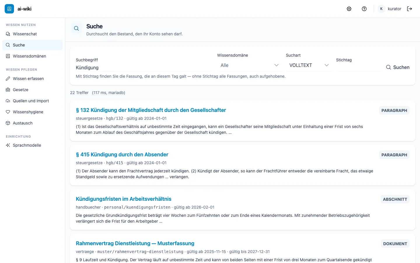 Die Suche von ai-wiki mit 22 Treffern zum Begriff Kündigung; jeder Treffer mit Titel, Fundstelle und Textausschnitt