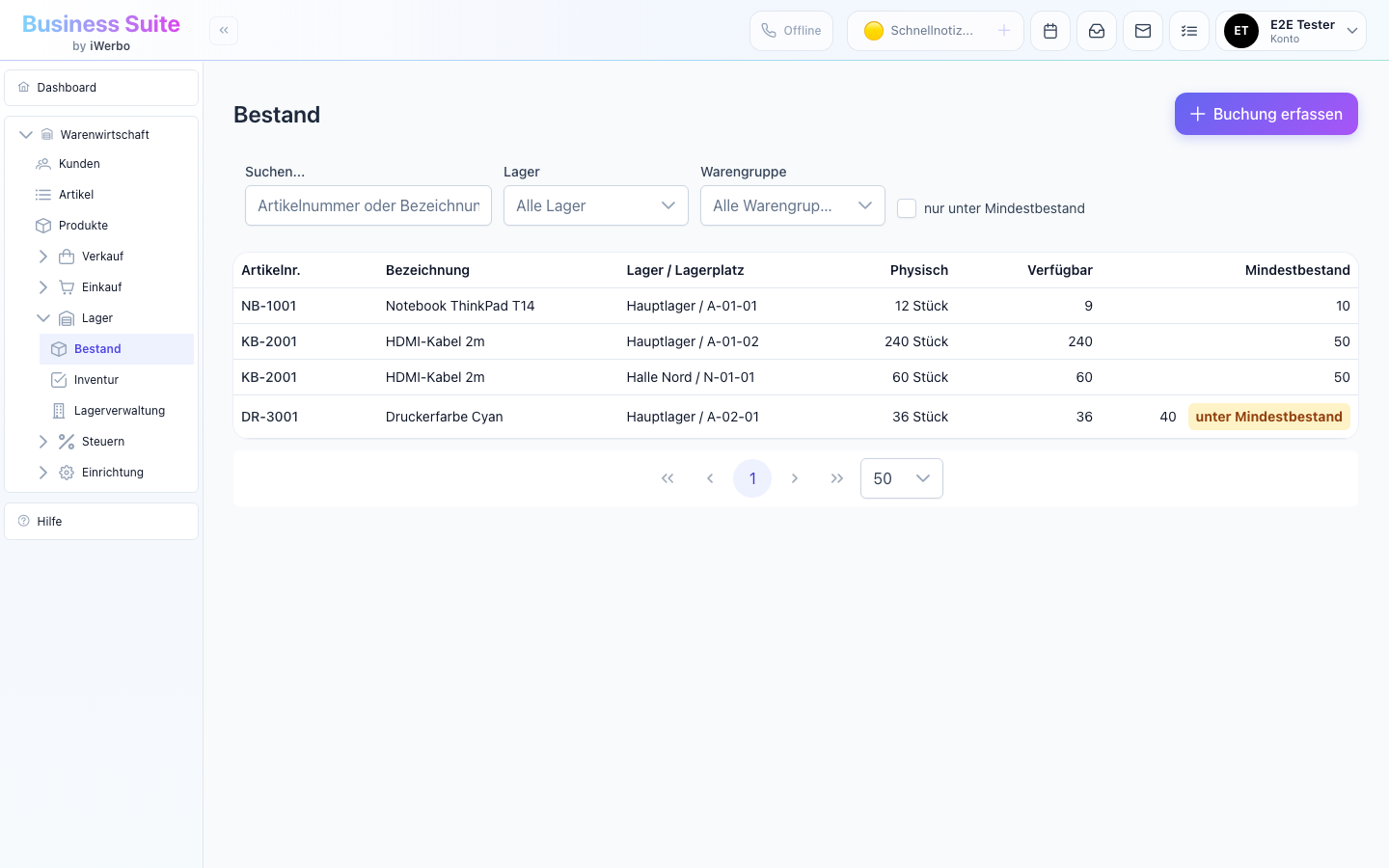 Bestandsübersicht der iWerbo Business Suite (Demo-Daten)