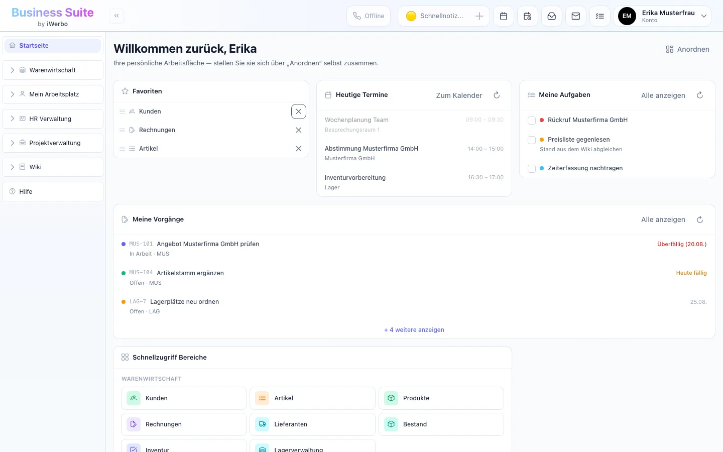 Die Startseite der Business Suite: Widgets für Favoriten, heutige Termine, meine Vorgänge, meine Aufgaben und den Schnellzugriff auf die Bereiche