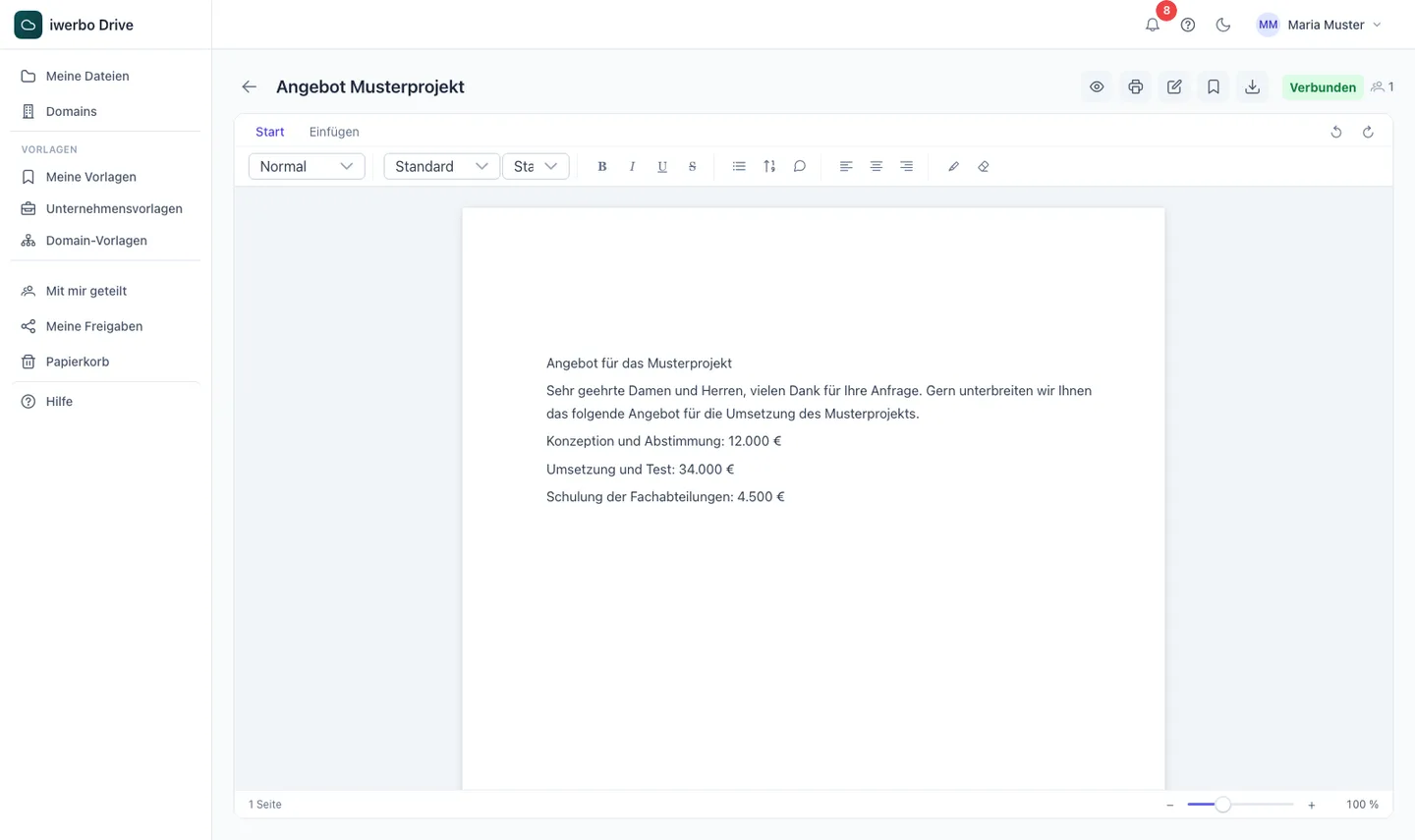 Der Texteditor von iWerbo Drive mit Menüband, A4-Blatt und einem Angebotstext; oben rechts die Anzeige „Verbunden