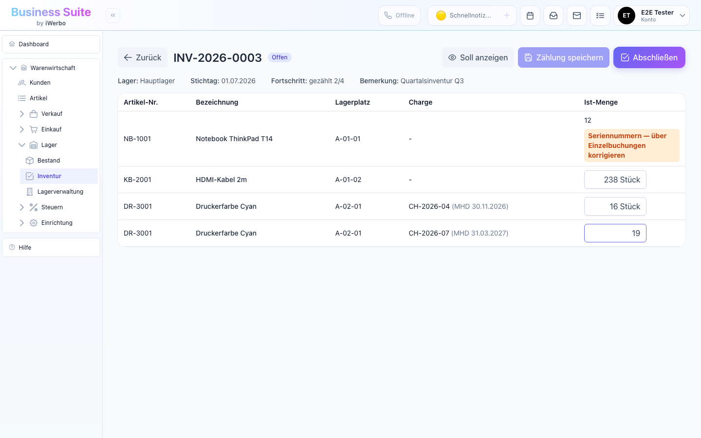 Inventur-Zählung der iWerbo Business Suite (Demo-Daten)